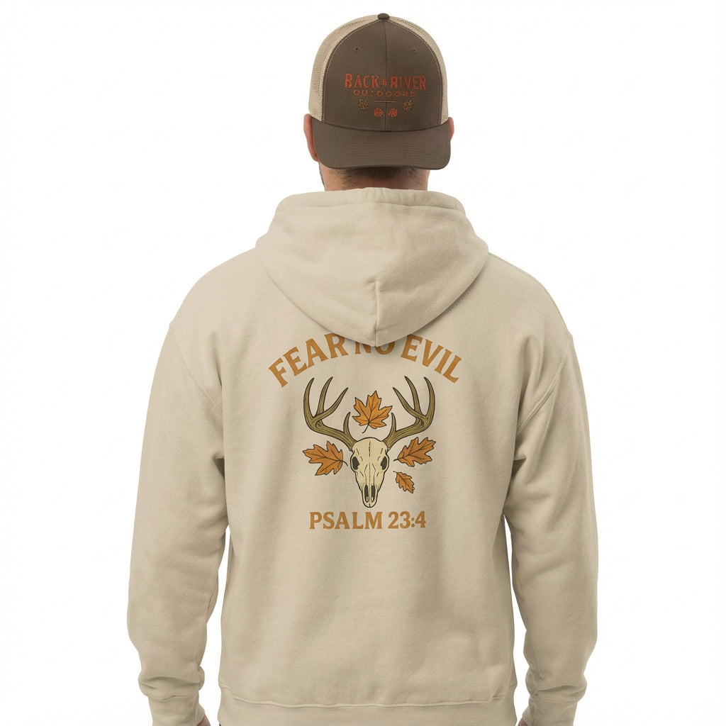 Tan Christian hoodie featuring the ‘Fear No Evil – Psalm 23:4’ antler graphic on the back, worn by a model facing away.