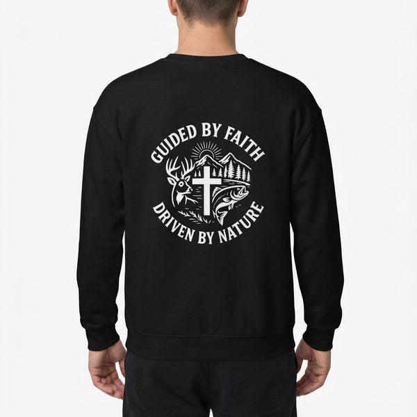 Black Christian sweatshirt featuring a ‘Guided by Faith, Driven by Nature’ graphic on the back.
