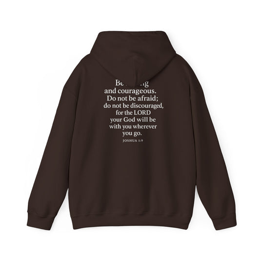 Brown Christian hoodie with Joshua 1:9 Bible verse on the back by Rack & River Outdoors.