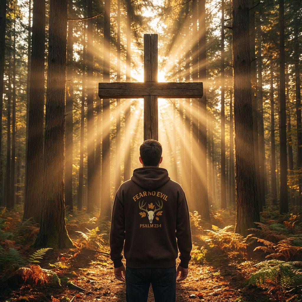 Man wearing a Rack & River Outdoors ‘Fear No Evil’ Psalm 23:4 hoodie standing before a large wooden cross in a sunlit forest.