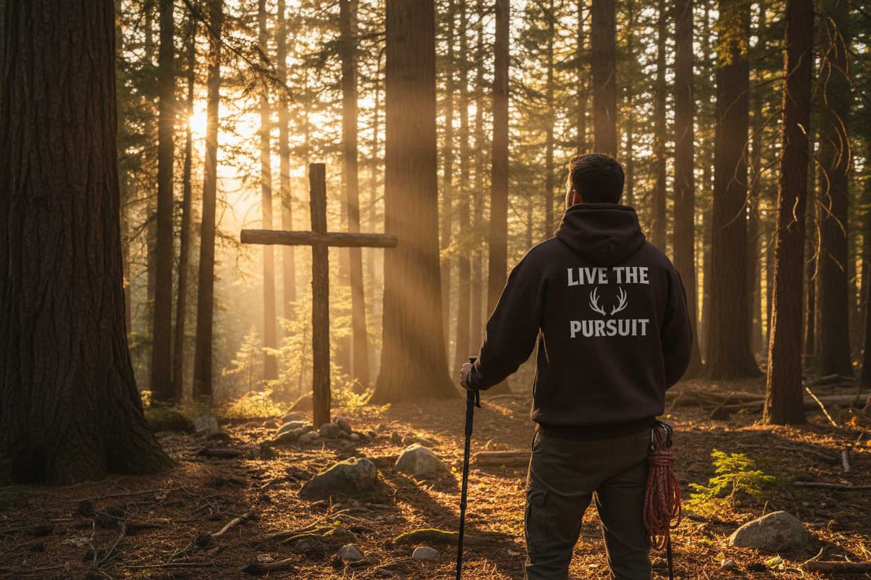 Rack & River Outdoors homepage hero - Live the Pursuit with wooden cross